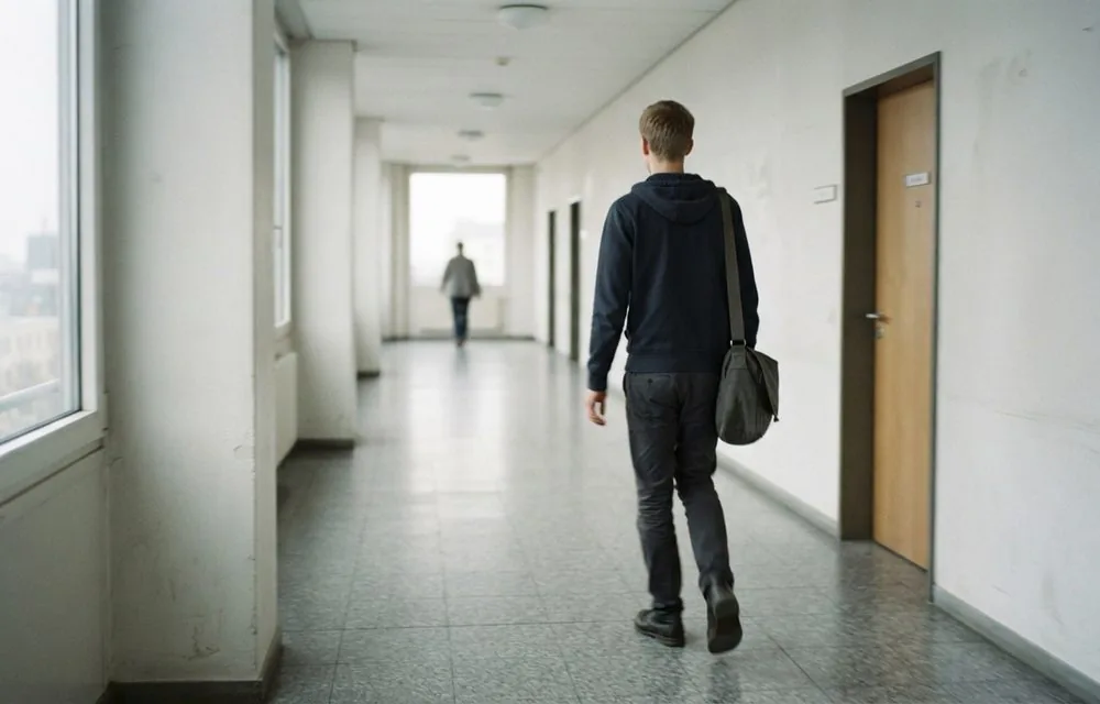 Person geht mit Tasche durch einen Verwaltungsflur